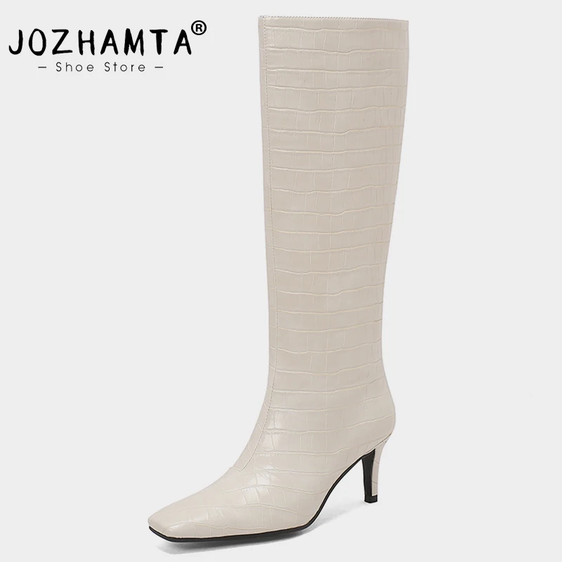 

JOZHAMTA Size 34-39 Women Knee High Boots Stone Pattern Genuine Leather Stiletto Heels Shoes Fall Winter 2024 Long Tall Boots