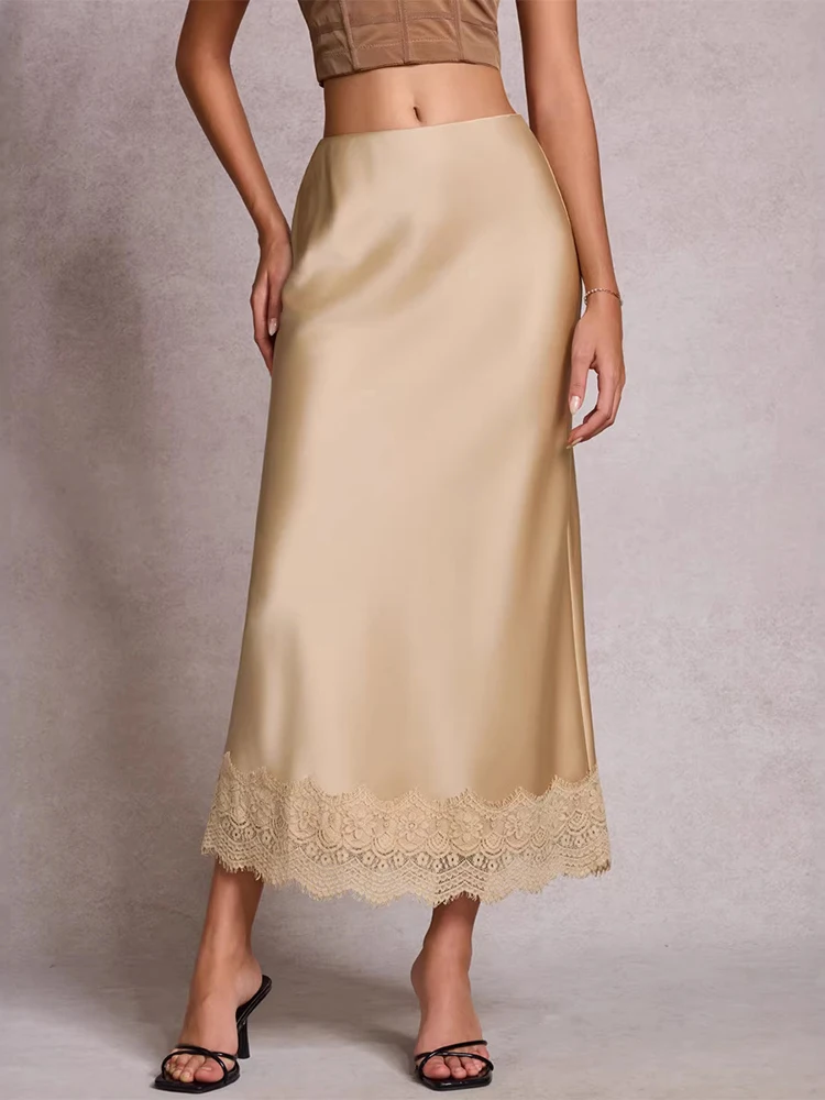 

Trendix Satin Midi Skirt For Women 2026 High Waist Vintage Slim Lace Long Skirt Party Fashion Solid Lace Elegant Evening Dress