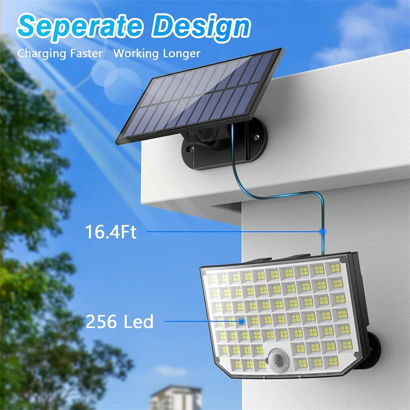 Solar Outdoor Lights, 256 LED Solar Powered Motion Sensor Security Lights IP65 Waterproof 3 Modes Flood Lights for Outside