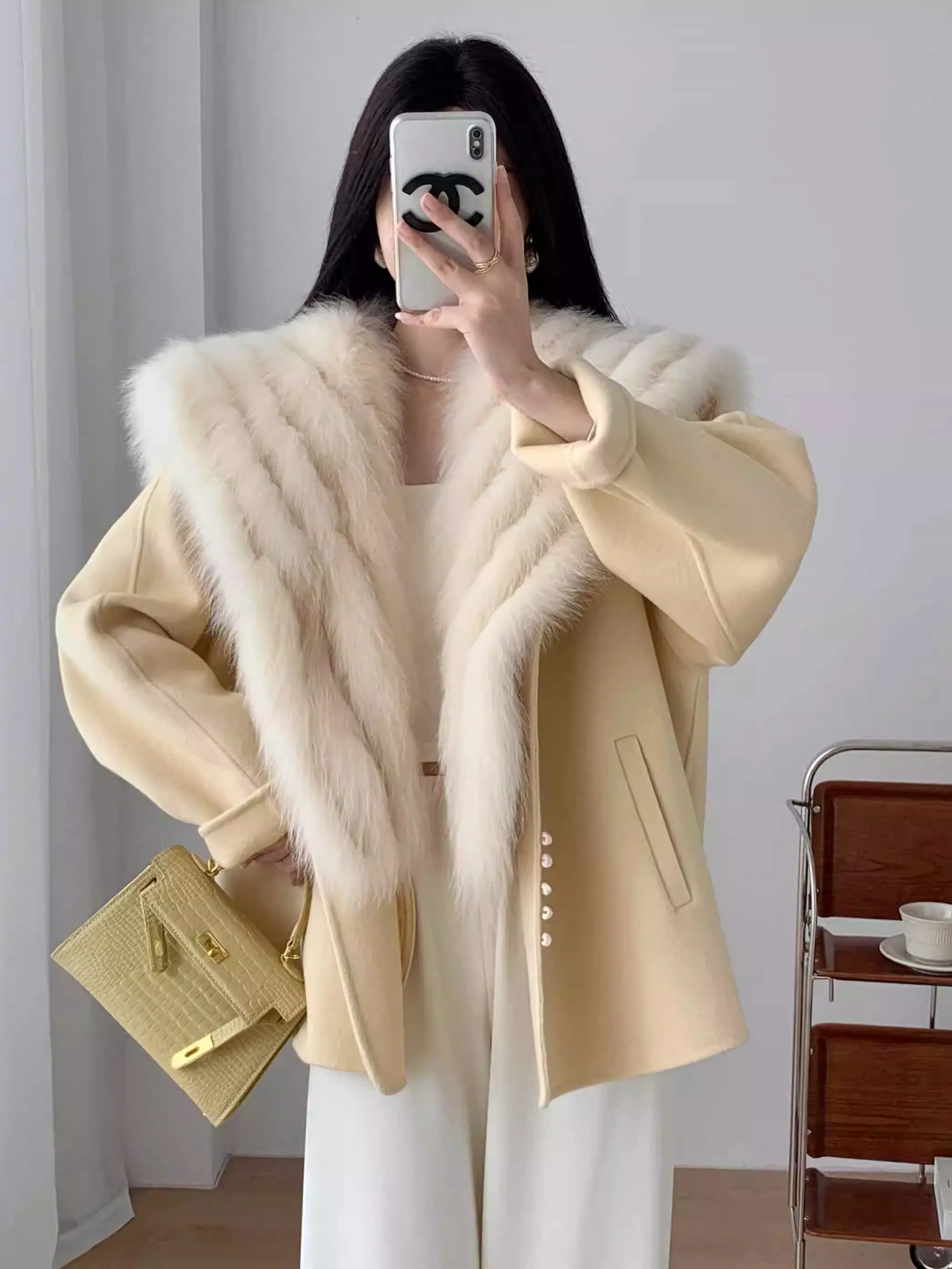 2024 new style Real Fox Fur Belt Slim Vest Natural Fur Coat Outwear Hooded Wool Cashmere Outwear Female Coat Full Sleeve