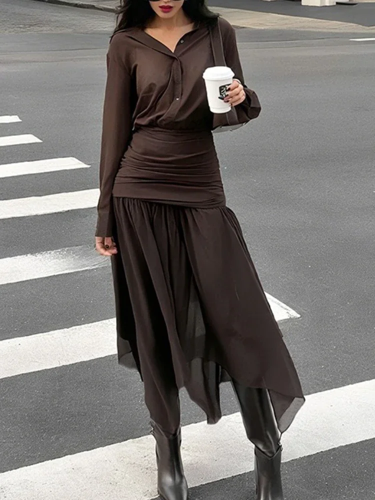 

Fashion Turndown Neck Mesh Long Dress For Women Pleats Slim See-Through Solid Streetwear Bodycon Dress Women's Long Dress