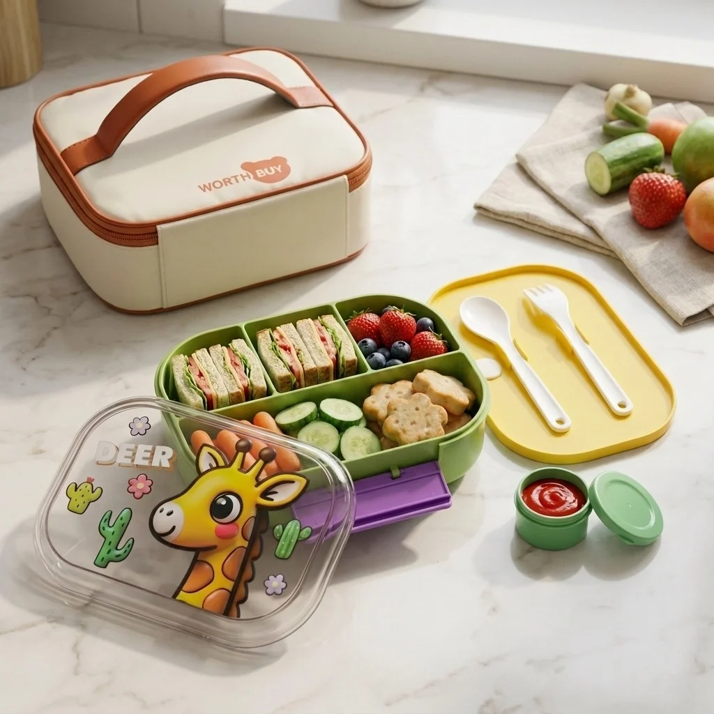 Cute Kids Bento Box 4 Compartment Microwavable Plastic Lunch Box Meal Prep Food Storage Container with Cutlery Sauce Bowl School