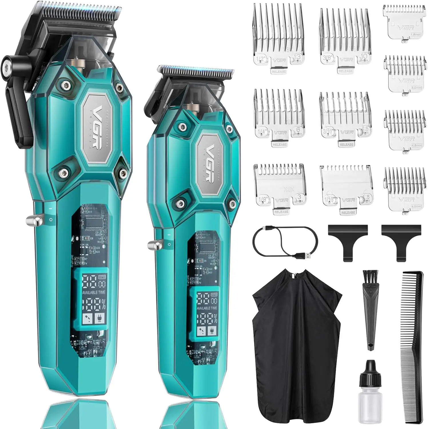 

Professional Cordless Hair Clippers for Men, USB Rechargeable Trimmer Set with 10 Combs and LED Display, Green