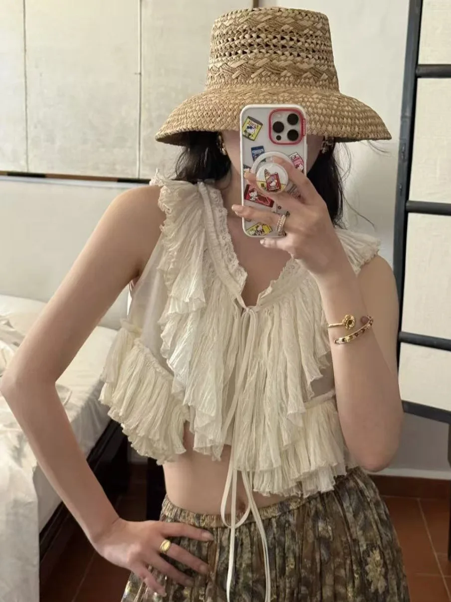 

Sweet And Spicy Skirt Set Neck Hanging Holiday Women's Shanghai Version Yellow Lace Trim V-neck Polyester Vest Top Short Dress