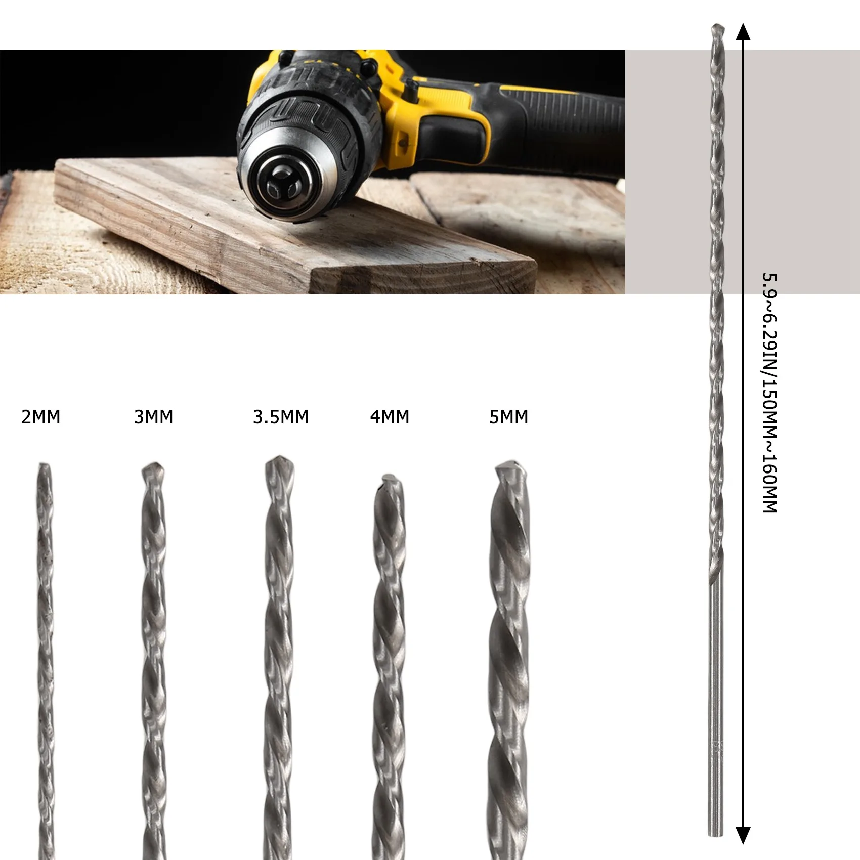 5PCS Extra Long High-speed Steel Drill Bit Sets Straight Shank Twist Drill Bit Tool 2-5mm for Wood