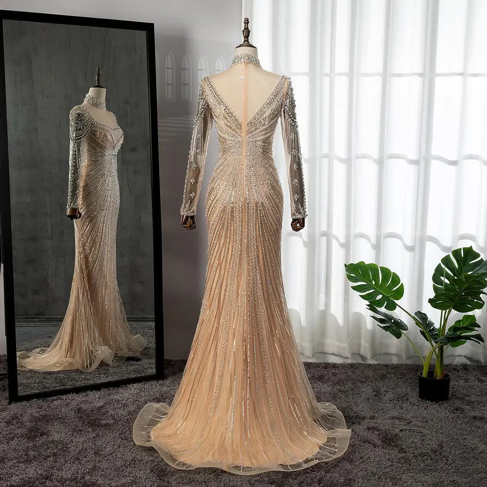 Luxury Champagne Muslim Evening Dresses For Women Dubai Arabic Beaded Tassel Mermaid Evening Gowns Formal Wedding Party Dress