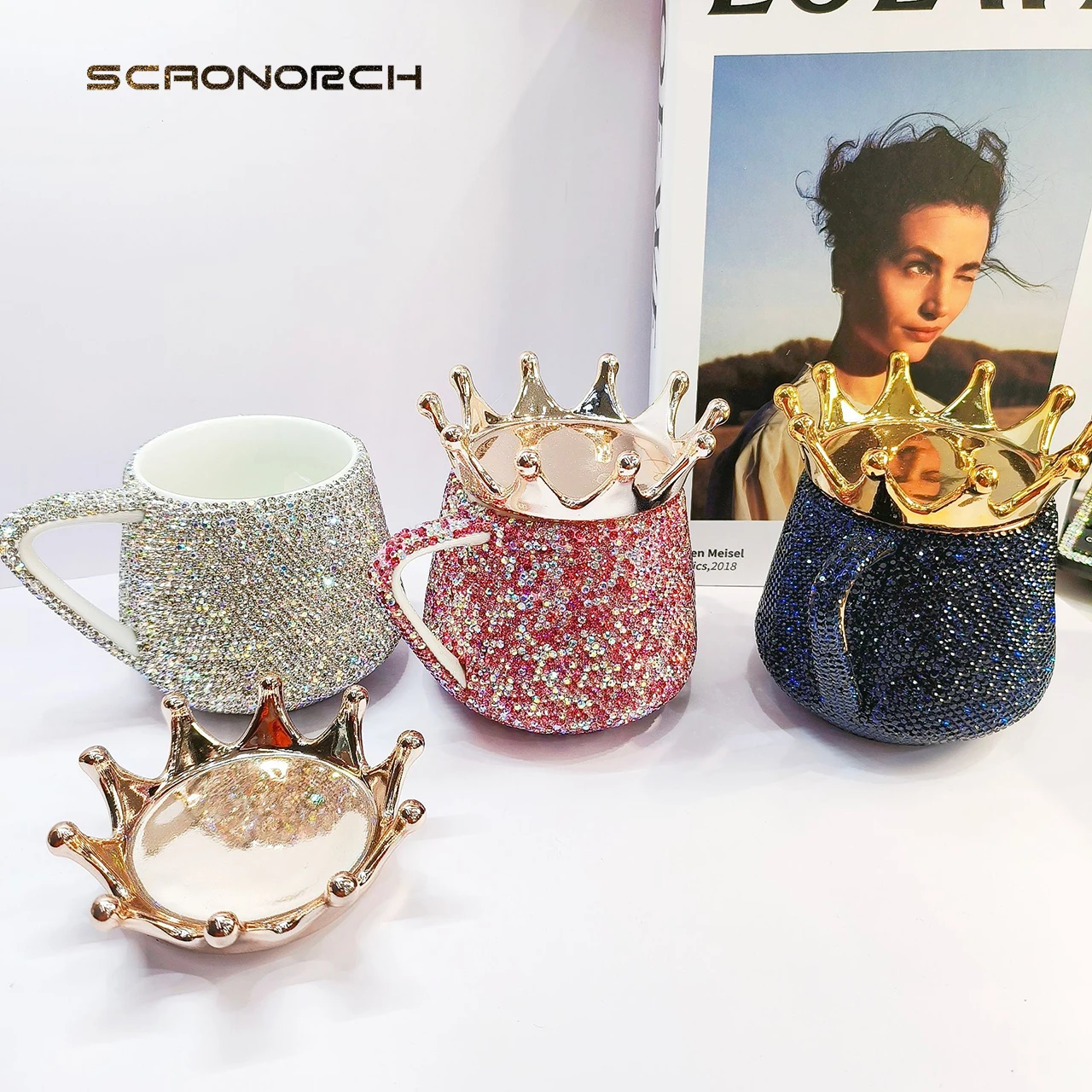 SCAONORCH Creative Crown Ceramic Mug Cute Coffee Mug Milk Cup with Lid Sparkling Diamond Tea Cup 320ml Water Mugs Bling Gift