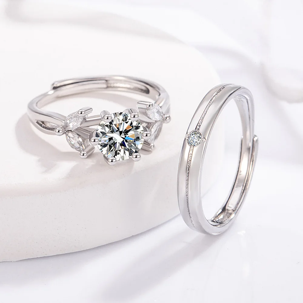 925 Sterling Silver Simple Small Fresh Young Leaf Zircon Couple Ring, Birthday Commemorative Valentine's Day Gift