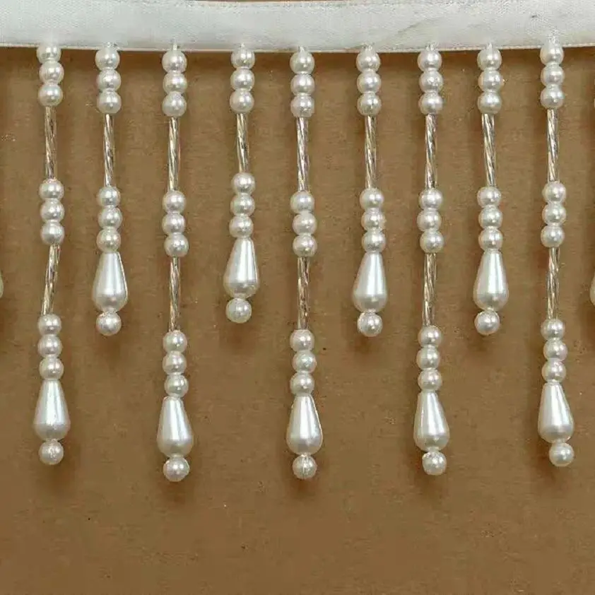 7cm Wide Pearl Beads Beaded Fringe, White Pearl Bead Fringe, Black Pearl Bead Fringe