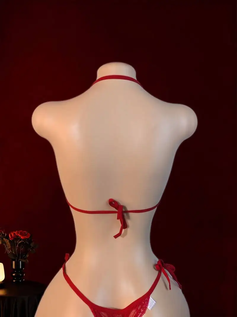 Women sexy red lace lingerie set halter bra side ties thong with satin bows Panties floral embroidery and sheer bra Briefs Set - Image 2
