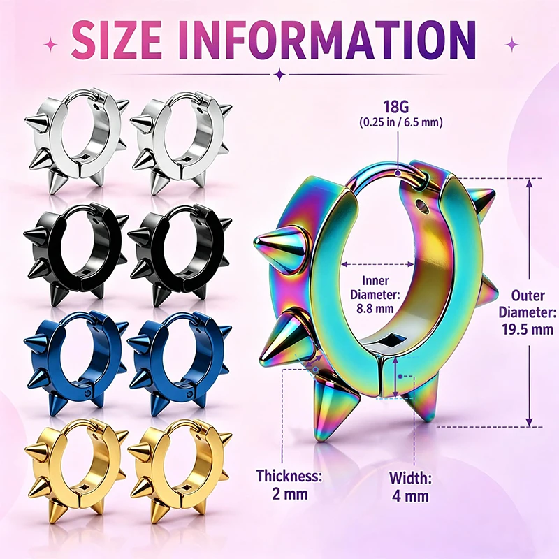 4x9mm Hypoallergenic Stainless Steel Punk Spike Lined Huggie Hoop Piercing Hoop Earrings for Men Women