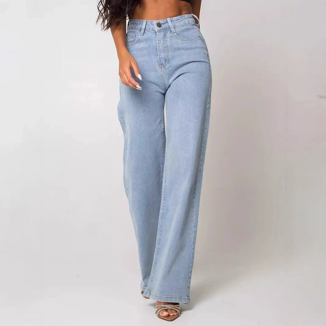 

Retro High Waist Loose Wide Leg Jeans Light Blue Women's Washed Denim Pants Thick Elastic Cotton Twill High Waist Loose Fit