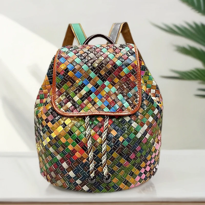 First Layer Cowhide Woman Backpack Splicing Contrasting Genuine Leather Travel Handbag Fashion Girl Colorful School Shoulder Bag