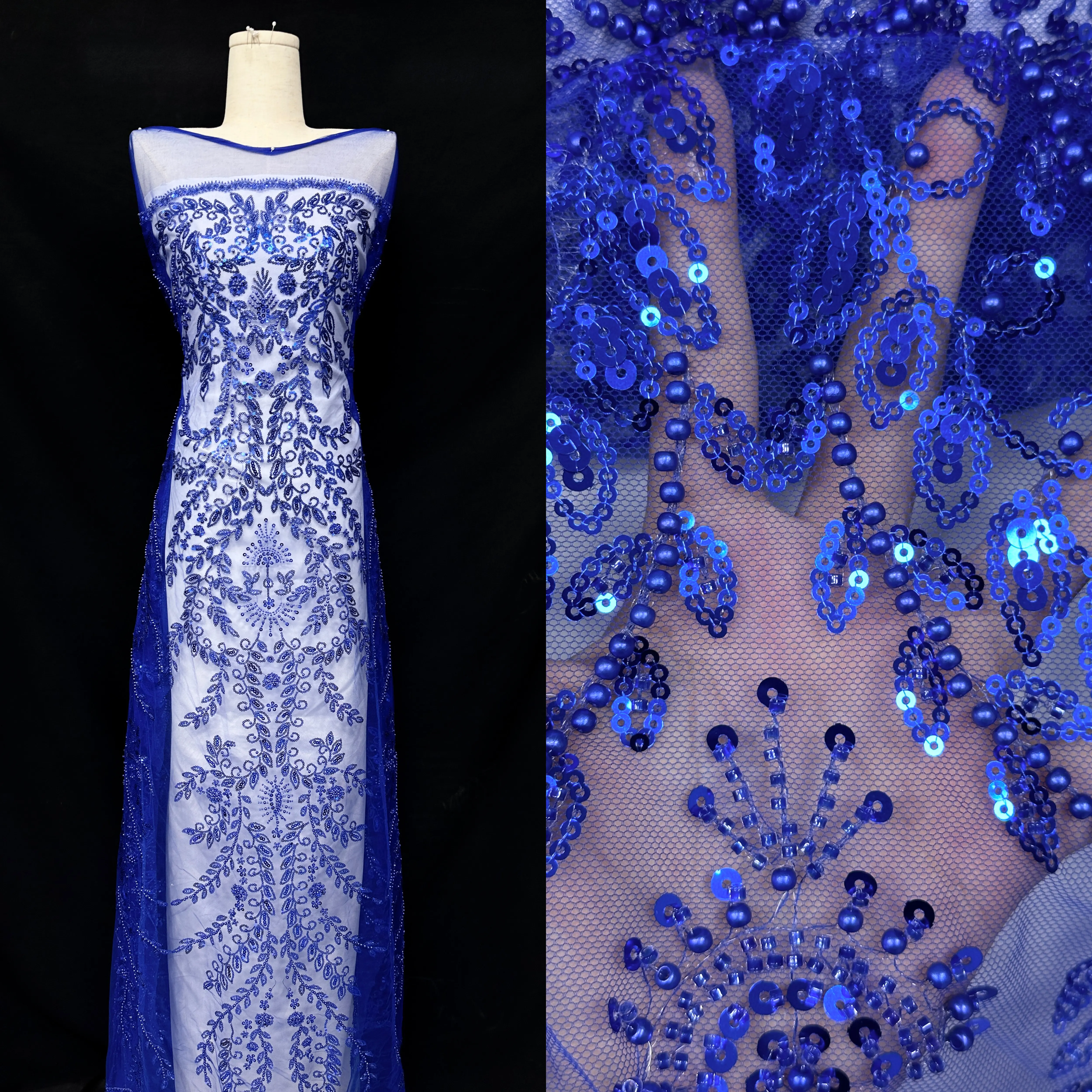 

Синяя африканская сетчатая кружевная ткань ручной работы с блестками, роскошное платье невесты, французский тяжелый тюль с бисером, кружевная ткань, нигерийское сетчатое кружево