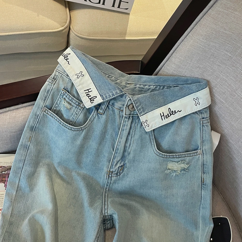 Summer slim design with flip letter waistband, high waist, loose and slimming jeans, long pants, wide leg pants