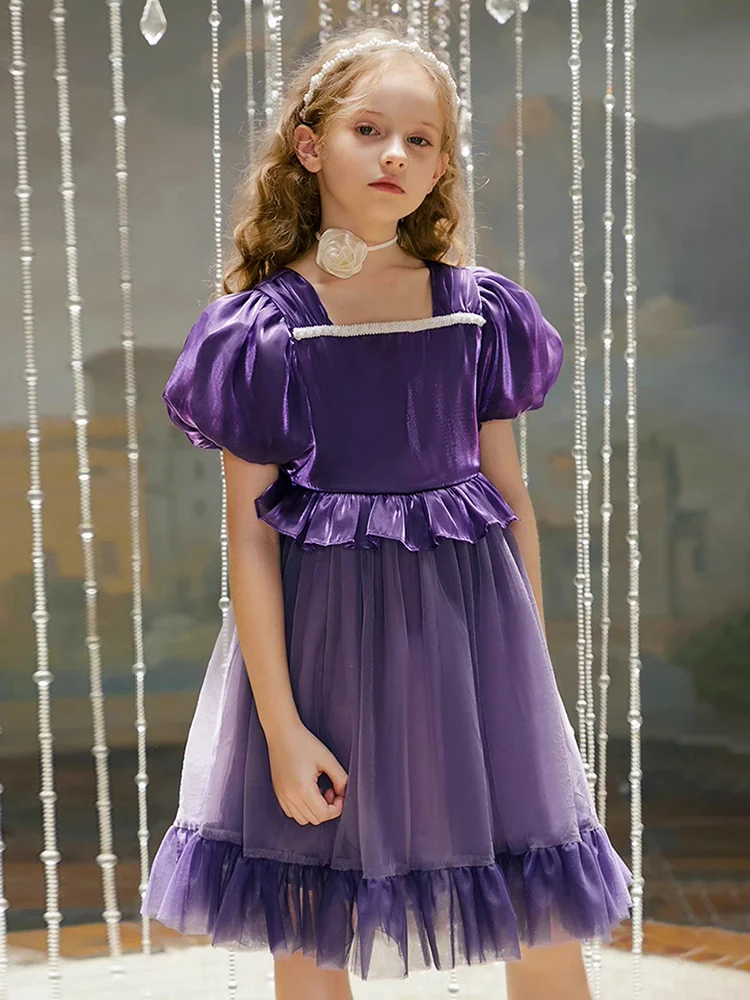 Baby Girls Summer Wedding Bridemaid Dresses Deep Purple Gauze Birthday Party Princess Clothes 3yrs 14T Kids Wear 110cm 170cm