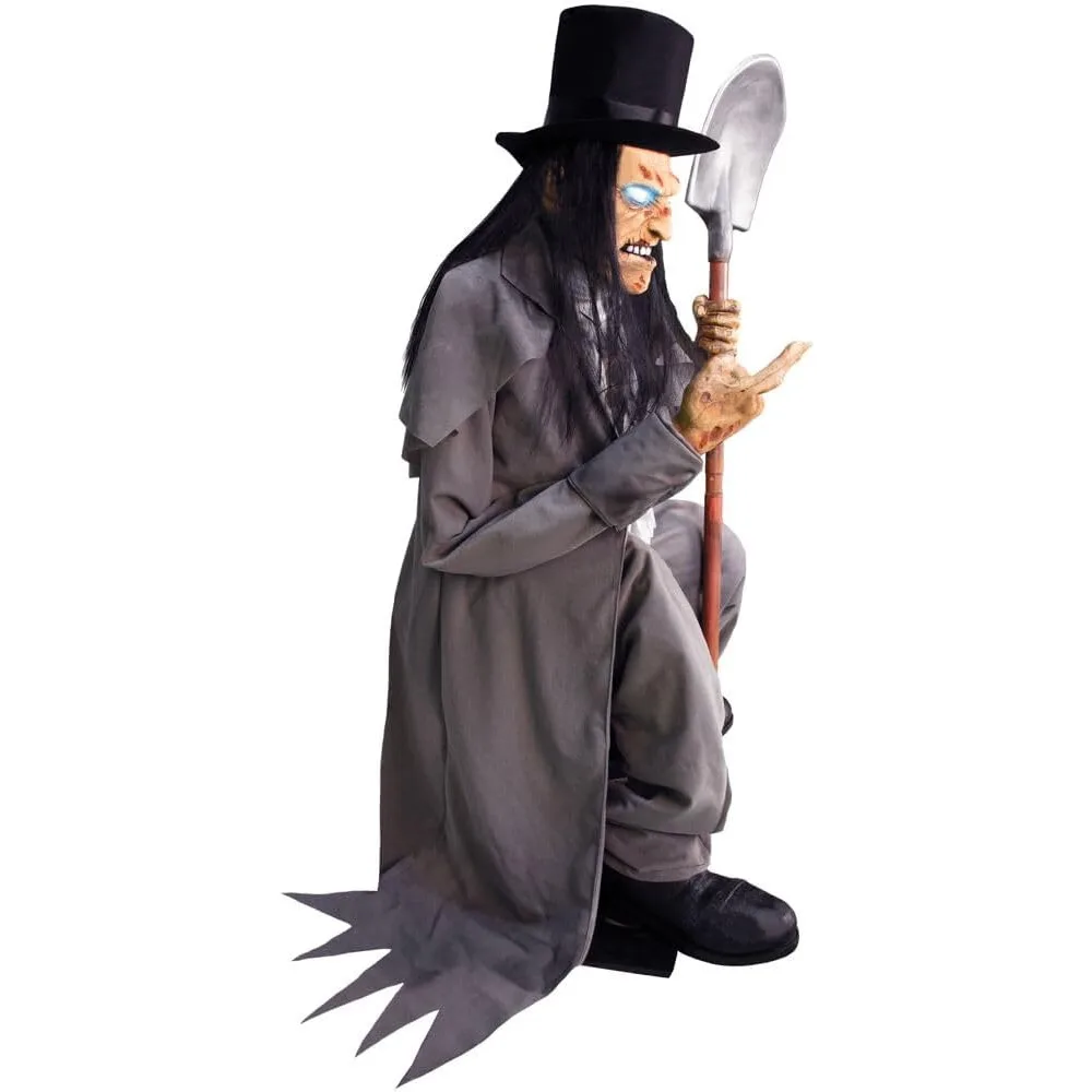 Motion-Activated Crouching Grave Digger Talking Scare Prop Animatronic for Indoor or Covered Outdoor Creepy Halloween Decoration