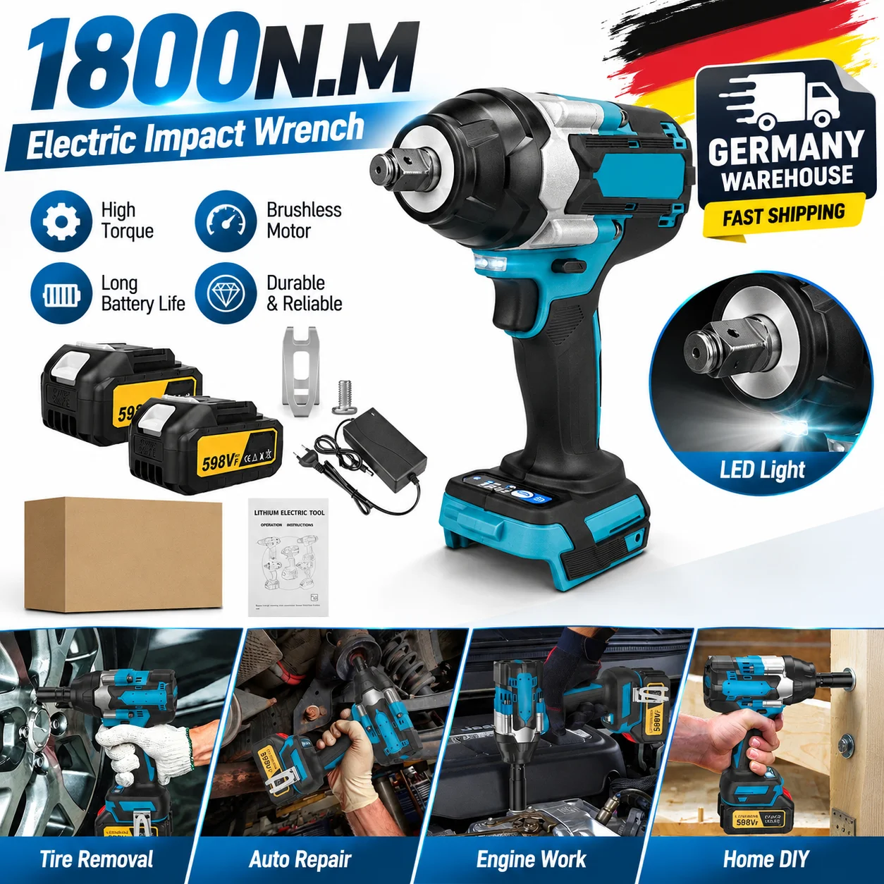 Avvitatore a impulsi elettrico senza spazzole con coppia di 1800 N.M, compatibile con batteria Makita 18V, avvitatore elettrico da 1/2 pollice, chiave a impulsi senza fili, utensili elettrici per