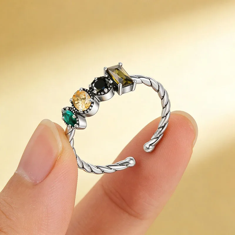 BF CLUB 925 Sterling-Ringe für Damen, schlicht, geometrisch, handgefertigt, unregelmäßig, Retro-Vintage-Farbe, CZ-Ring, allergiefrei, als Geburtstagsgeschenk