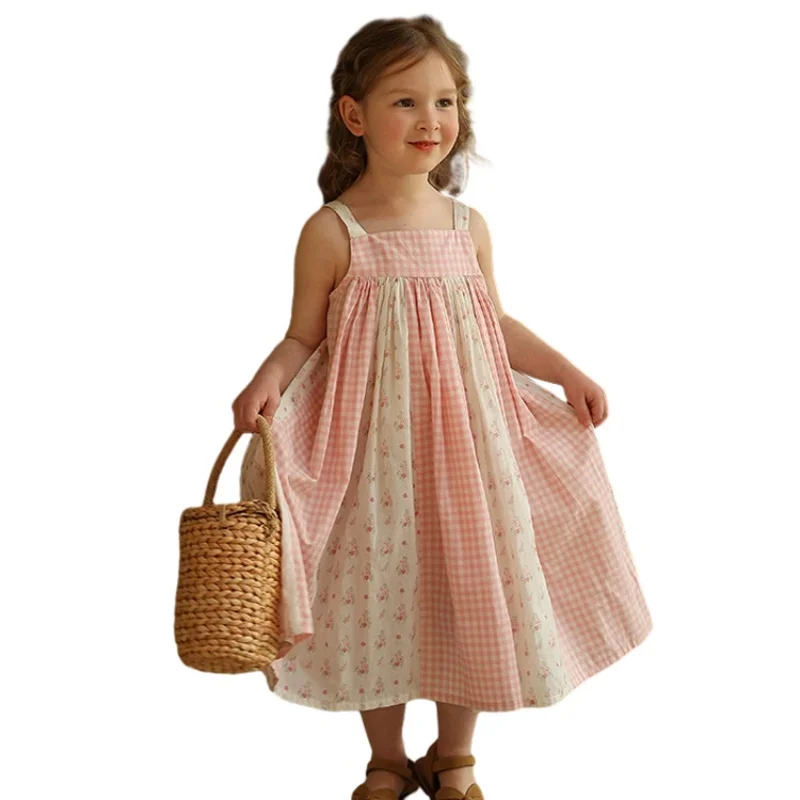 Children's Plaid Dress Pastoral Floral Skirt Girl Princess Dress Children's Patchwork Slip Dress Party Sleeveless Dress