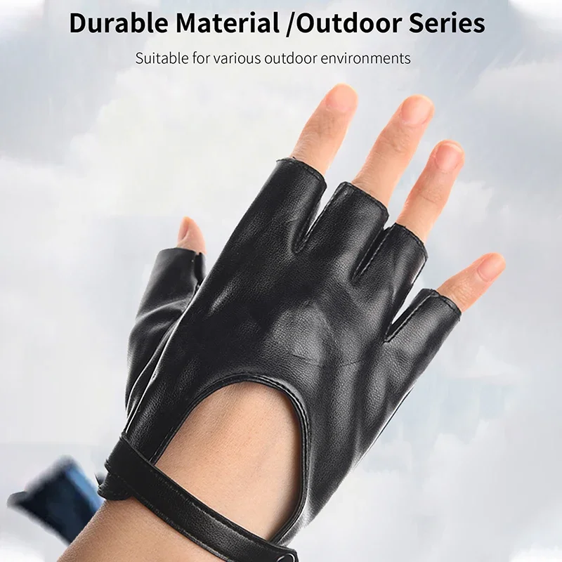 PU Leather Half Finger, Breathable Non‑Slip Fingerless Gloves with Button Strap for Motorcycle Driving Street Dance Performance