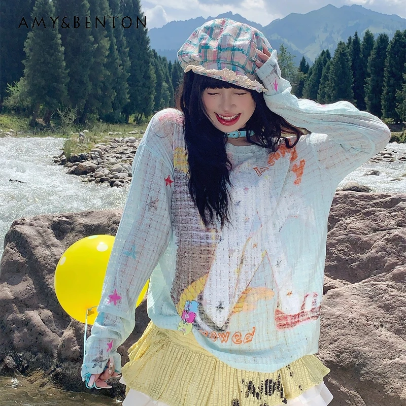 

Vintage Cartoon Anime Print Sexy Off-Shoulder Long Sleeve Women's T-Shirt Autumn 2025 New American Sweet Cute Loose Smock Ladies