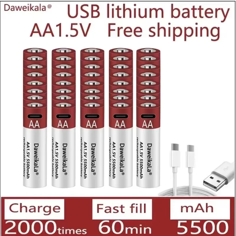 

Перезаряжаемая литий-ионная батарея USB 1,5 В AA — высокая емкость 5500 мАч для часов/игрушек/MP3-плеера/термометра/клавиатуры, новых длинных источников