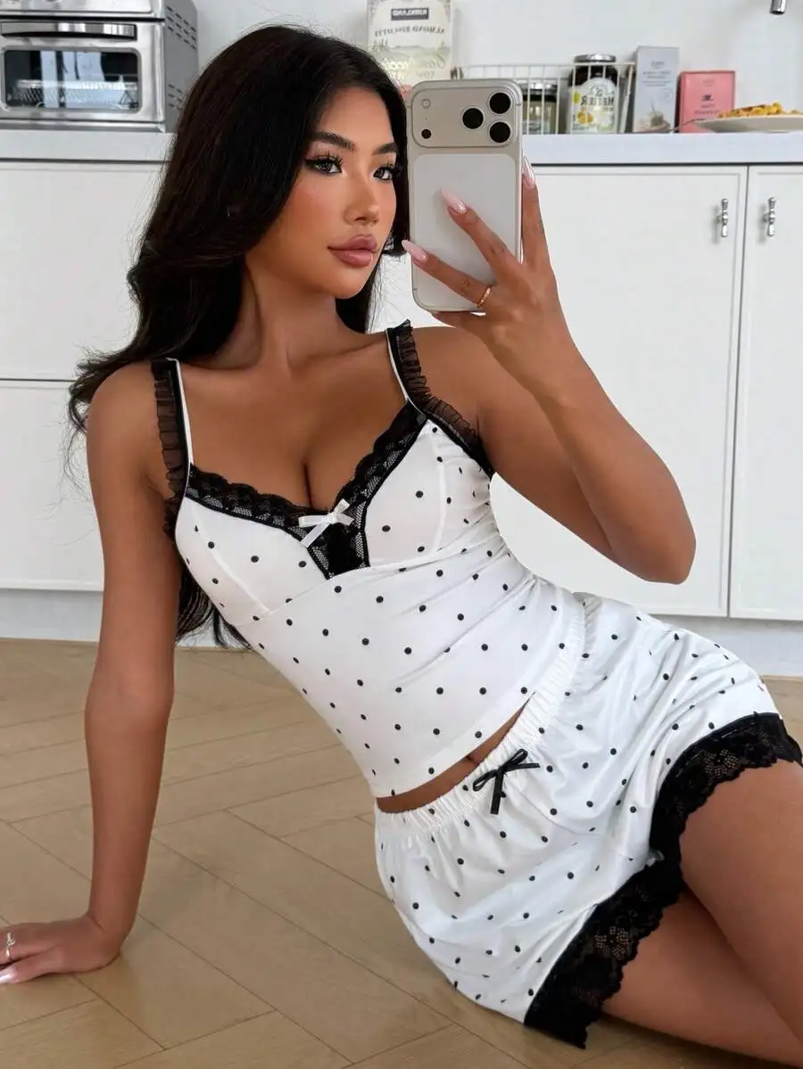 White Black Polka Dot Lace Patchwork Bow Tie Women Pajama Set Sleepwear