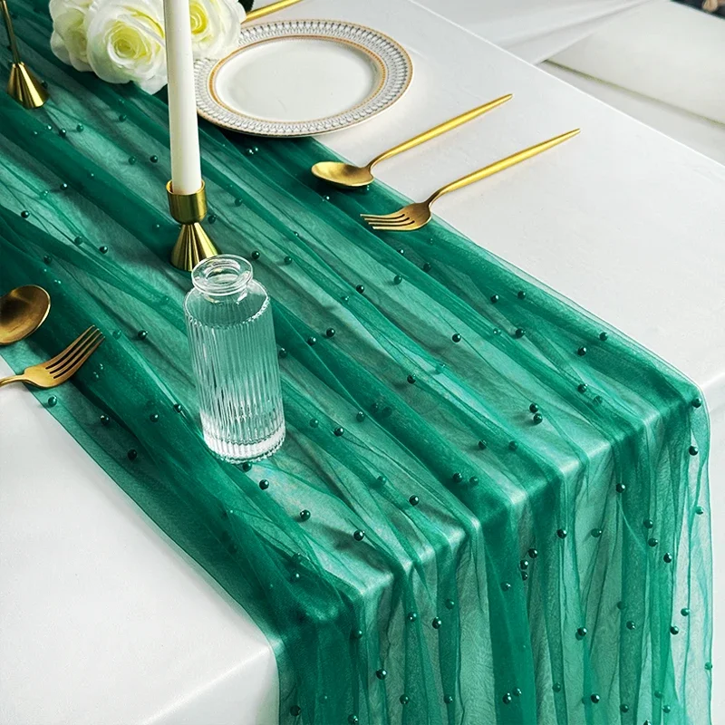 Pearl Table Runner 29x120Inch Wedding Red Christmas Green Halloween Black Orange Tablecloth Party Tulle Dessert Table Decor 2