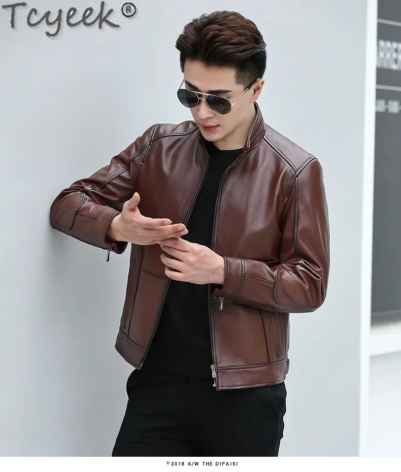 Tcyeek Real Leather Jacket Men Spring Autumn Clothes Natural Cowhide Coats Motocycle Jackets Mens Leather Coat Jaqueta Couro