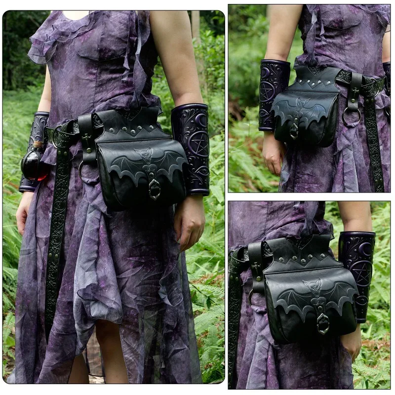 Gothic Bat Waist Bag with Bat Shaped Design for Halloween Costume Role-playing Props Retro Leather Waist Hanging Bag