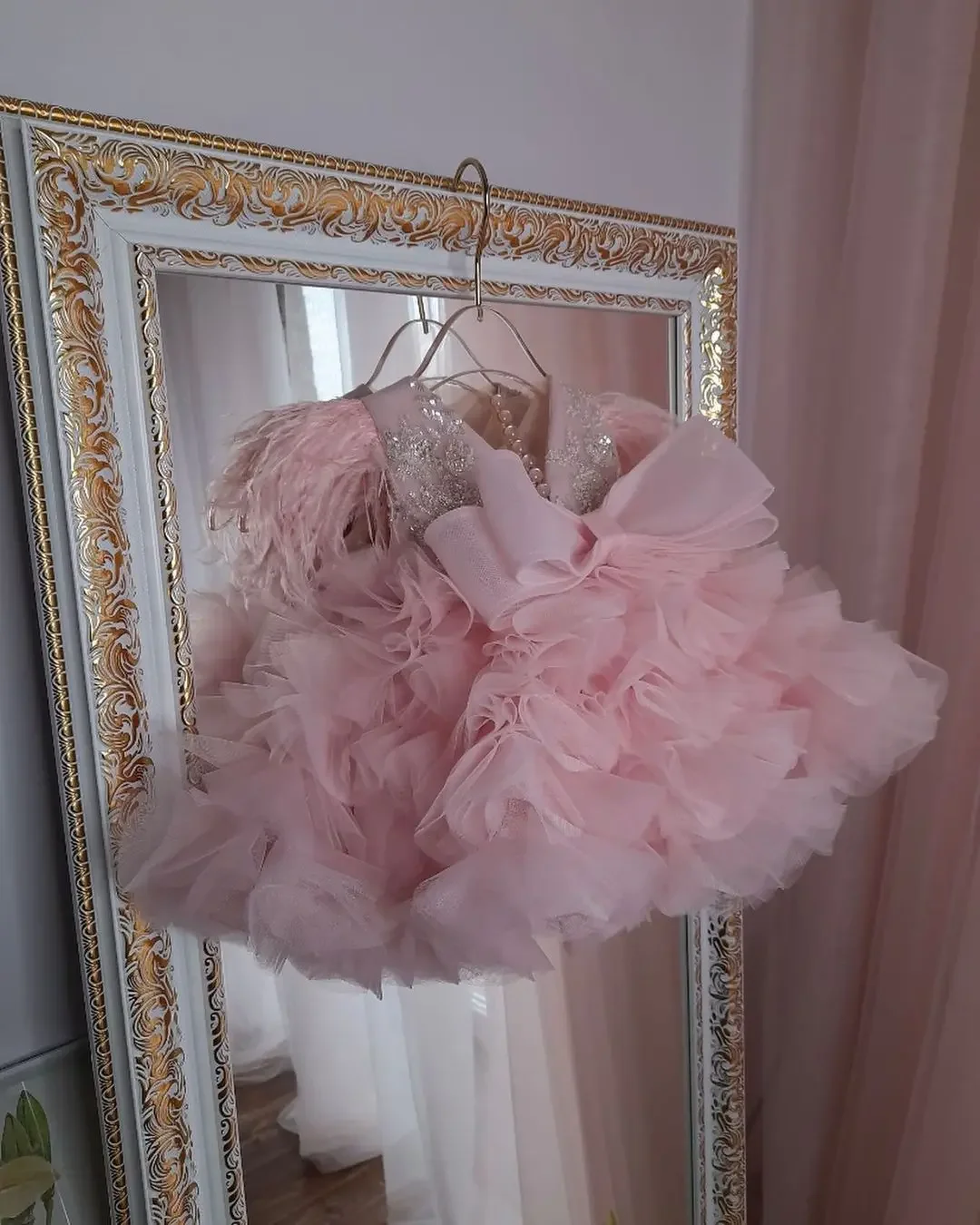 

Communion Dress Glitter Sparkly Beads with Feathers Bow Evening Party Fluffy Ball Gown Flower Girl Kid Toddler Wedding