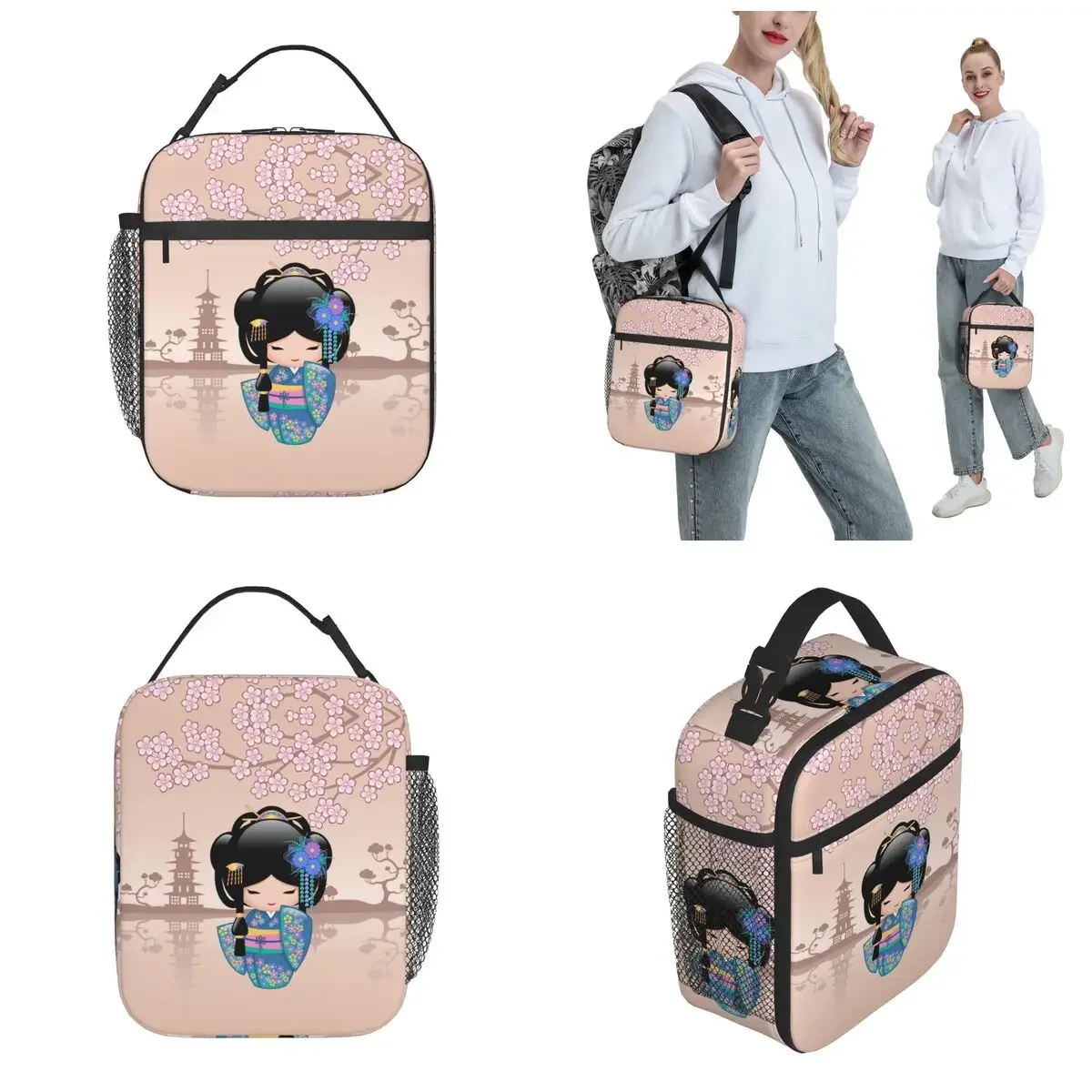 Cute Japanese Geisha Girl Lunch Boxes Accessories Sakura Kokeshi Doll Insulated Cooler Bags Thermal Cold Picnic Travel Lunch Box