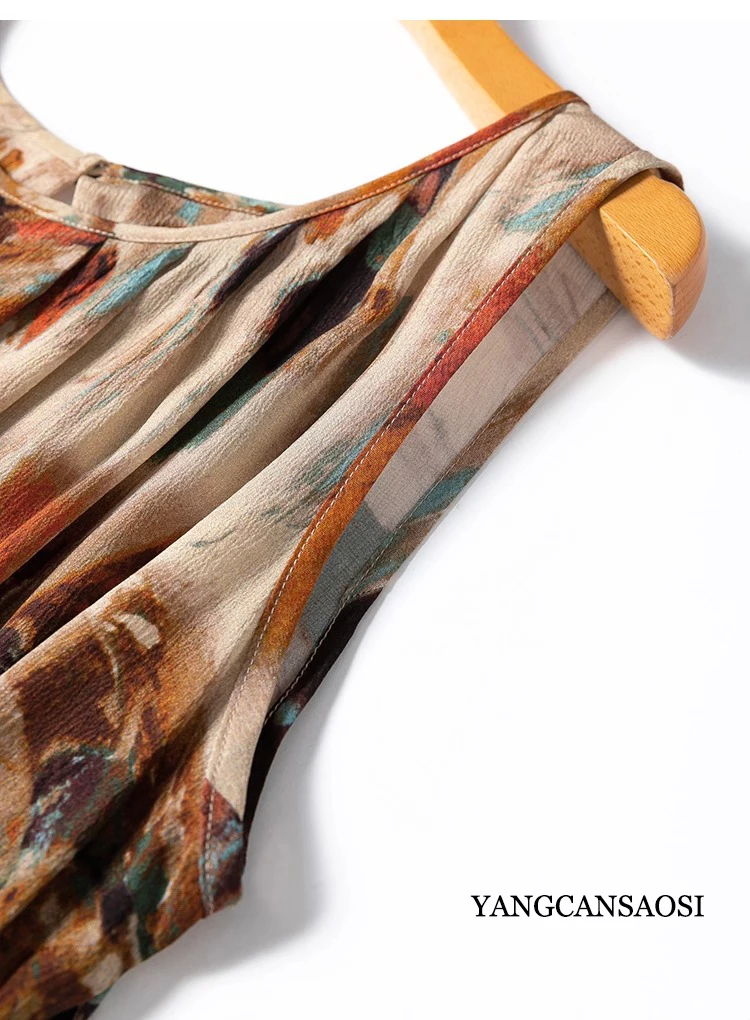 Artistic Oil Painting 100% Natural Mulberry Silk Crepe De Chine Women's Vacation Style Round Neck Sleeveless Vest Dress