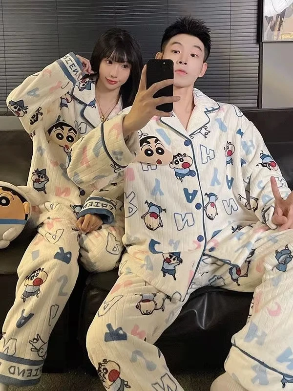 Anime Crayon Shin-Chan Couple Pajamas Velvet Autumn Winter Cute Plush Lapel Cardigan Pants Thick Women's Men's Family Pajamas