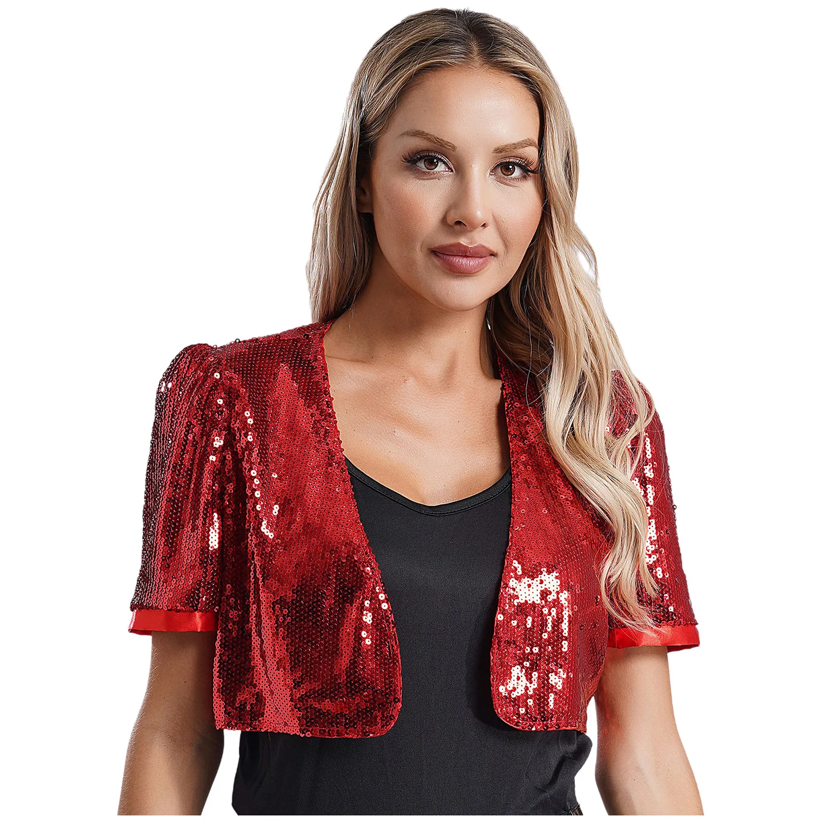 Women's Glitter Sequin Bolero Cropped Shrug Dancing Music Festival Open Front Cardigan Evening Crop Jacket Rave Party Clubwear