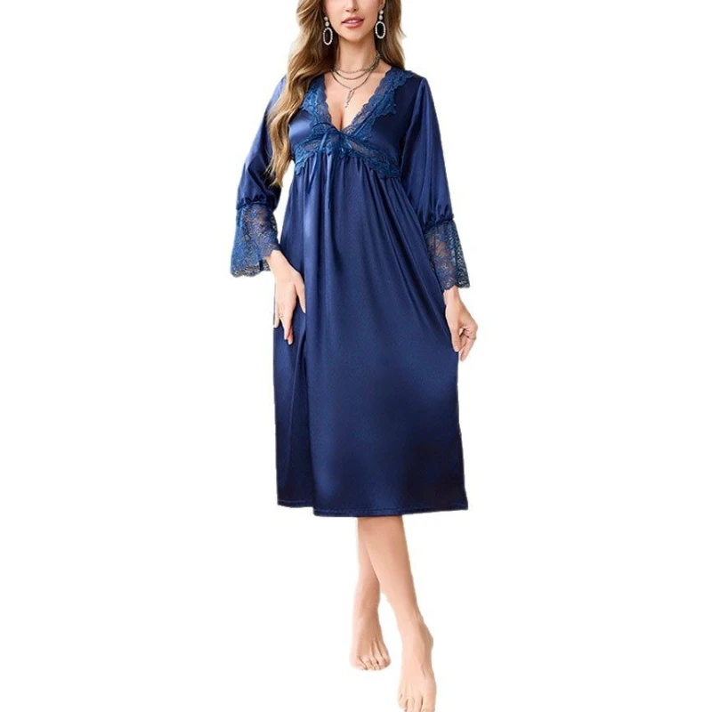 Krismile Luxury Satin Nightgowns for Women 2025 Sexy Style Patchwork Lace V Neck Folds Elegant Nightdress Leisure Wear Lady