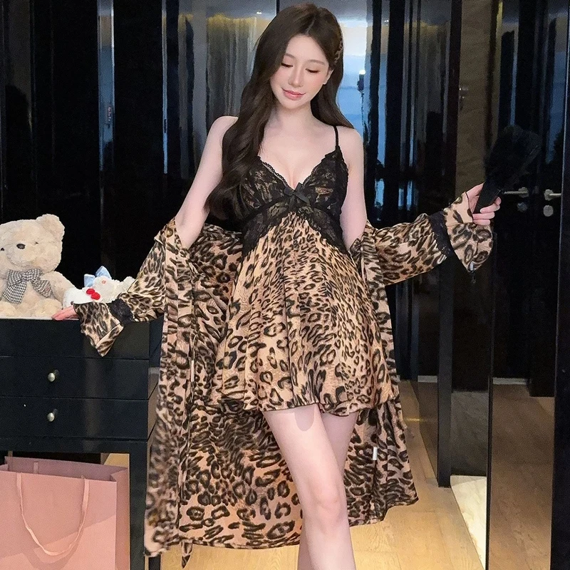 2026 Summer 2PCS Sexy Lace Lingerie Silk Satin Nightgowns Robes Sets For Women Korean Bathrobes Sleepwear Nightdress Night Dress 5