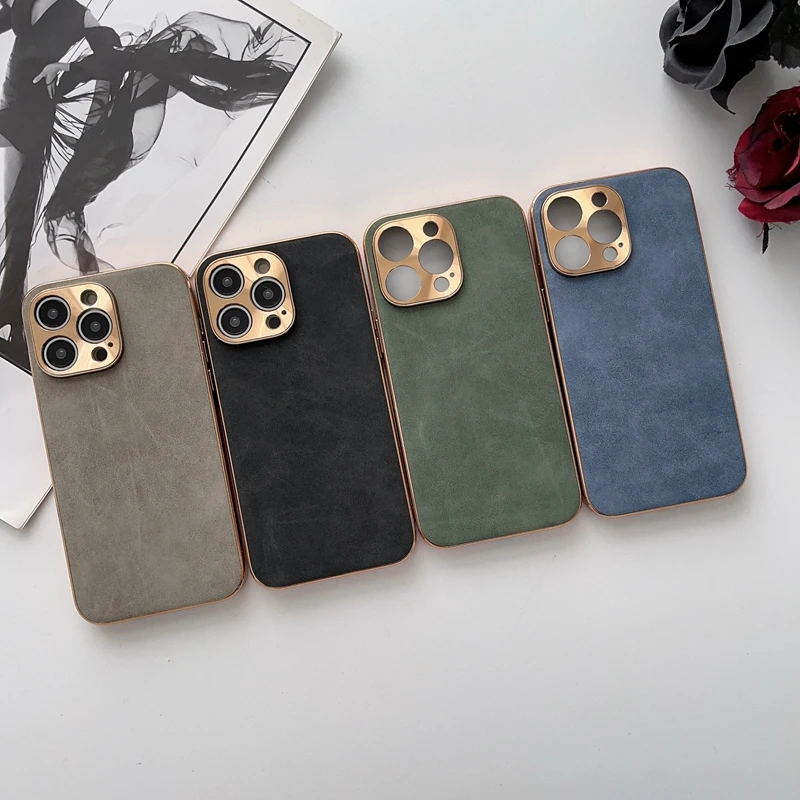 Gold Frame Fabric Phone Case for iPhone 15 14 13 Pro Max PC Hard Case Business Style Back Cover Sheepskin Feeling