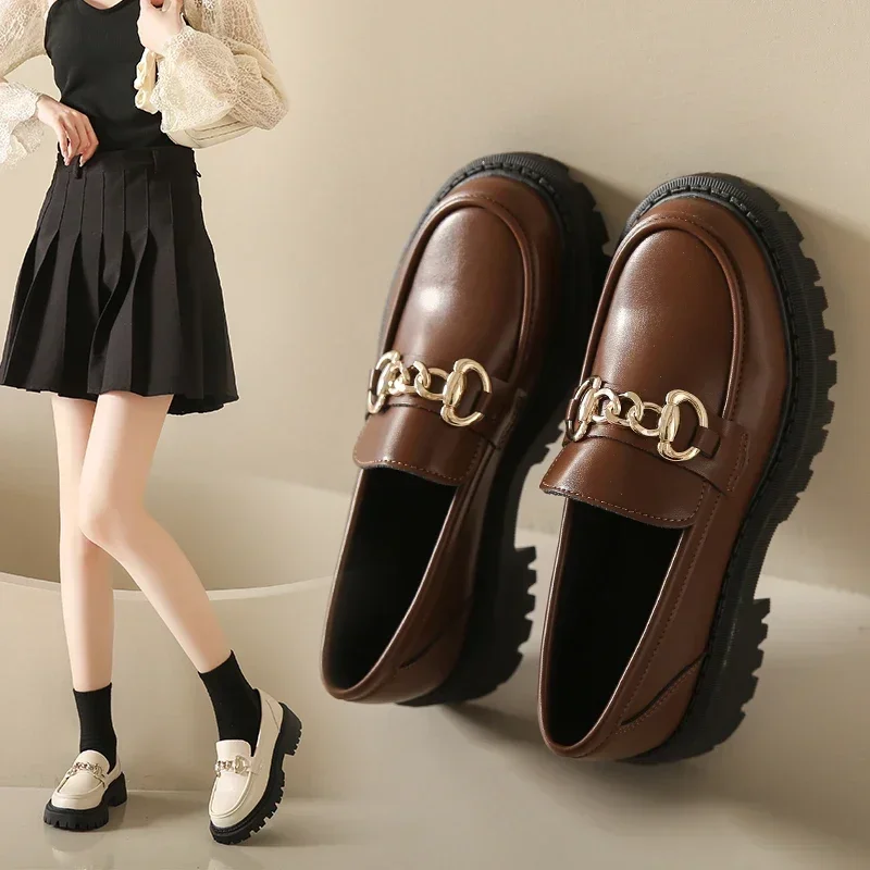 2024 Chunky Loafers Women  Pu Leather Platform Shoes Round Toe Metal Chain Ladies Flats