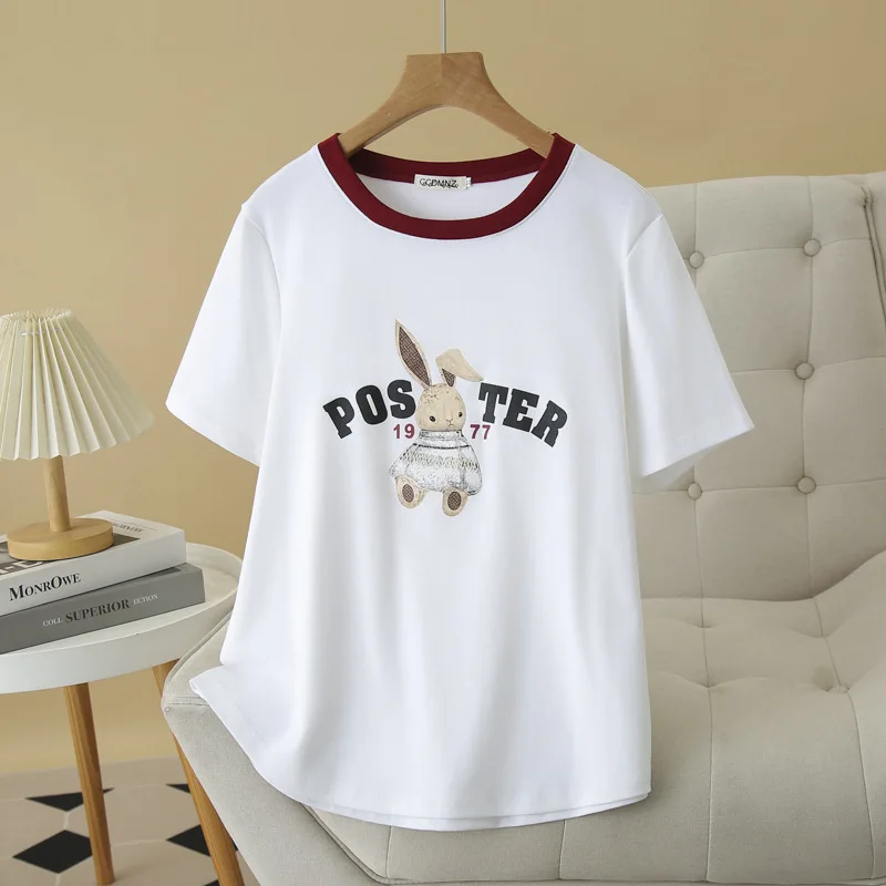 

Летний топ, 100 кг, новые повседневные футболки с короткими рукавами и принтом кролика, женская футболка больших размеров 019