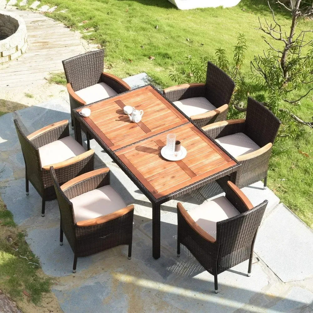 

Outdoor Patio Dining Set, Garden Dining Set W/ Wood Table, Stackable Chairs with Soft Cushion,Dining Table and Chairs Set 7 PCS