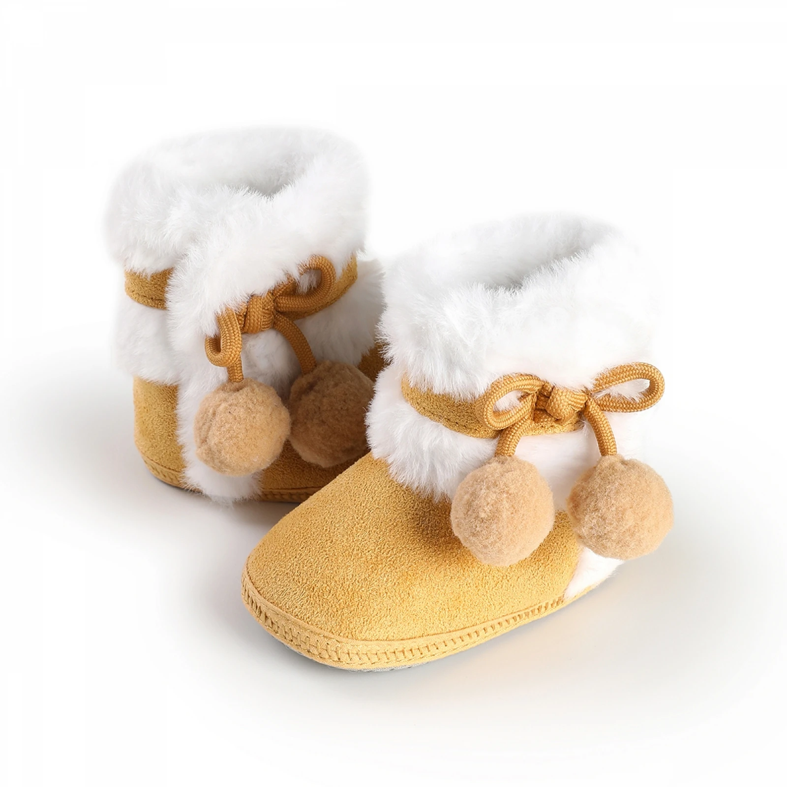 

0-18M Infant Baby Girl Winter Booties Ball Bow Fuzzy Lined Non-slip Soft Sole Walking Shoes Cute Warm Shoes