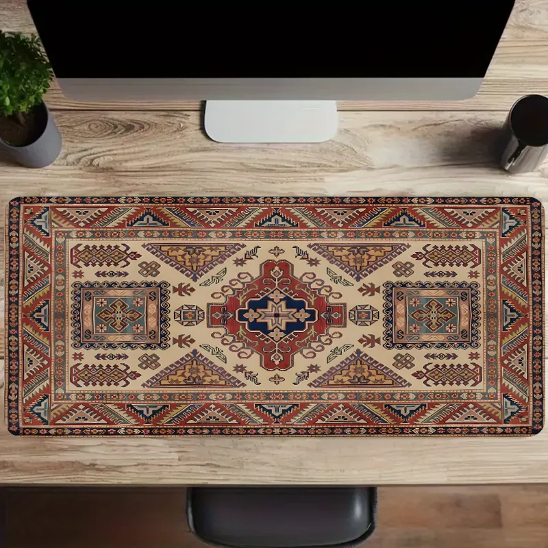 Bohemian style geometric pattern tribal mouse pad, large XXL non-slip rubber base, seam edge design, office home desk mat