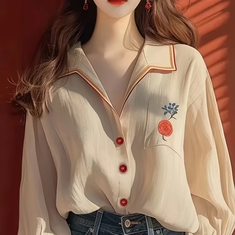 เสื้อเชิ้ตชีฟองสไตล์เกาหลี แขนยาว ทรงหลวม สบายๆ คอปกพับ ติดกระดุมเม็ดเดียว เหมาะสำหรับใส่ไปทำงาน ทรงเข้ารูป รุ่นใหม่ล่าสุดสำหรับฤดูใบไม้ผลิ