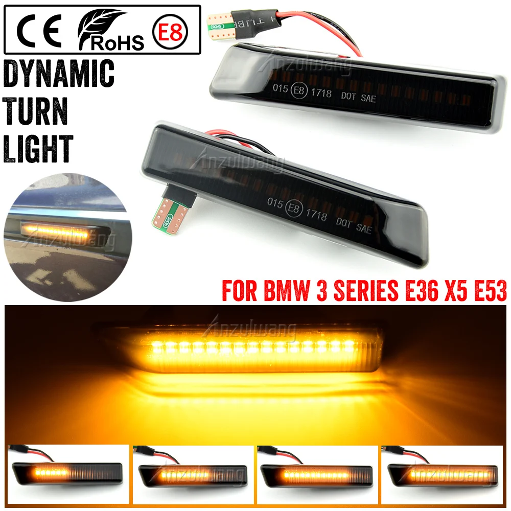 2x Dynamic Fender LED Turn signal Side Marker Light Sequential Lamp For BMW X5 E53 1999 2001 2002 2003 2004 2005 2006 E36 1997