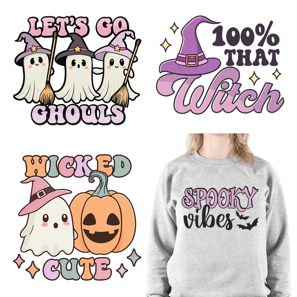 

Cute Pink Halloween Printings Spooky Babe Vibes Ghost Bat Pumpkin Iron On DTF Plastisol Transfer Stickers For T-shirt Bags