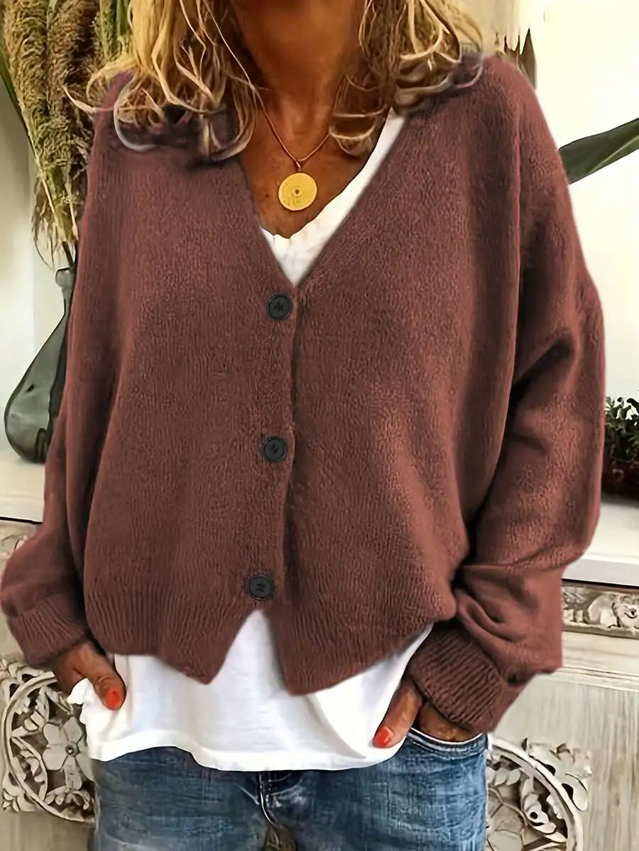 

Women V-Neck Button-Up Cardigan Sweater Casual Long Sleeve Minimalist Style Relaxed Fit Autumn Winter