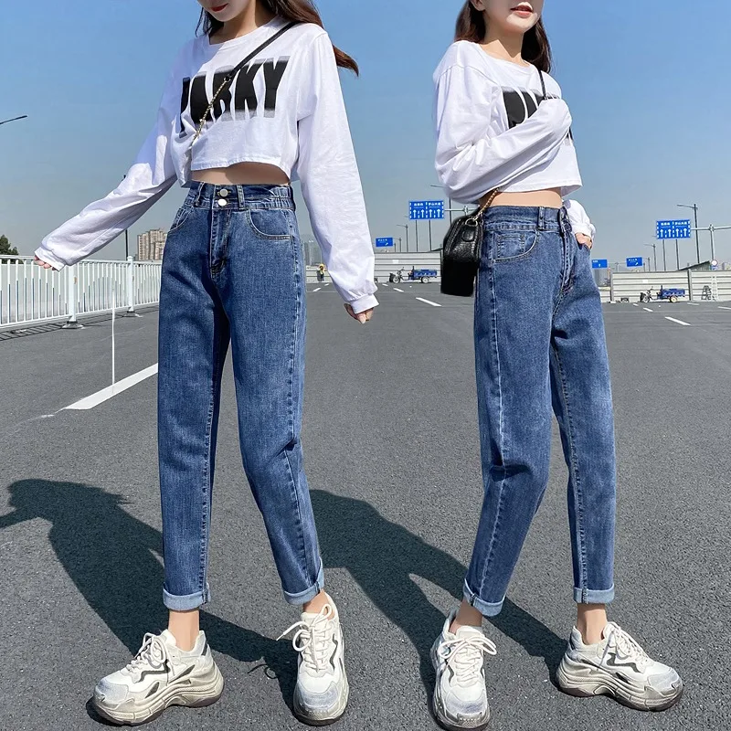 Women 2026 Spring Elastic High Waist Double Button Straight Jeans Versatile Loose Stretch Slim Fit Denim Long Pants