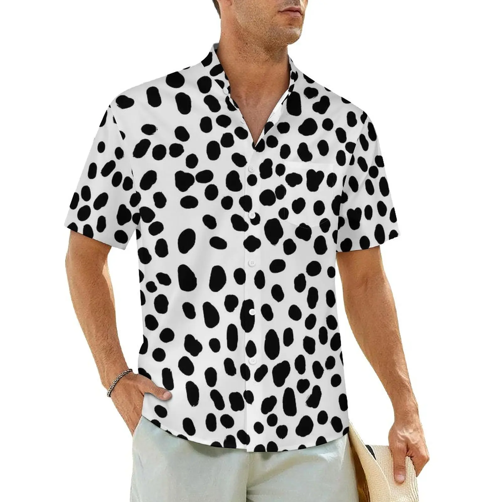 

Dalmatian Spots Beach Shirt Black And White Hawaiian Casual Shirts Men Novelty Blouses Short-Sleeved Fashion Custom Clothes